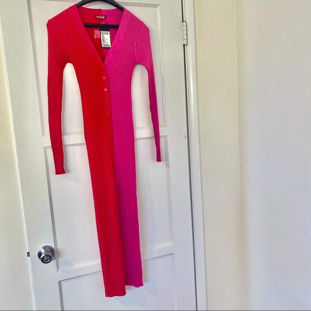 Staud Shoko color block sweater dress in red/pink with sparkles